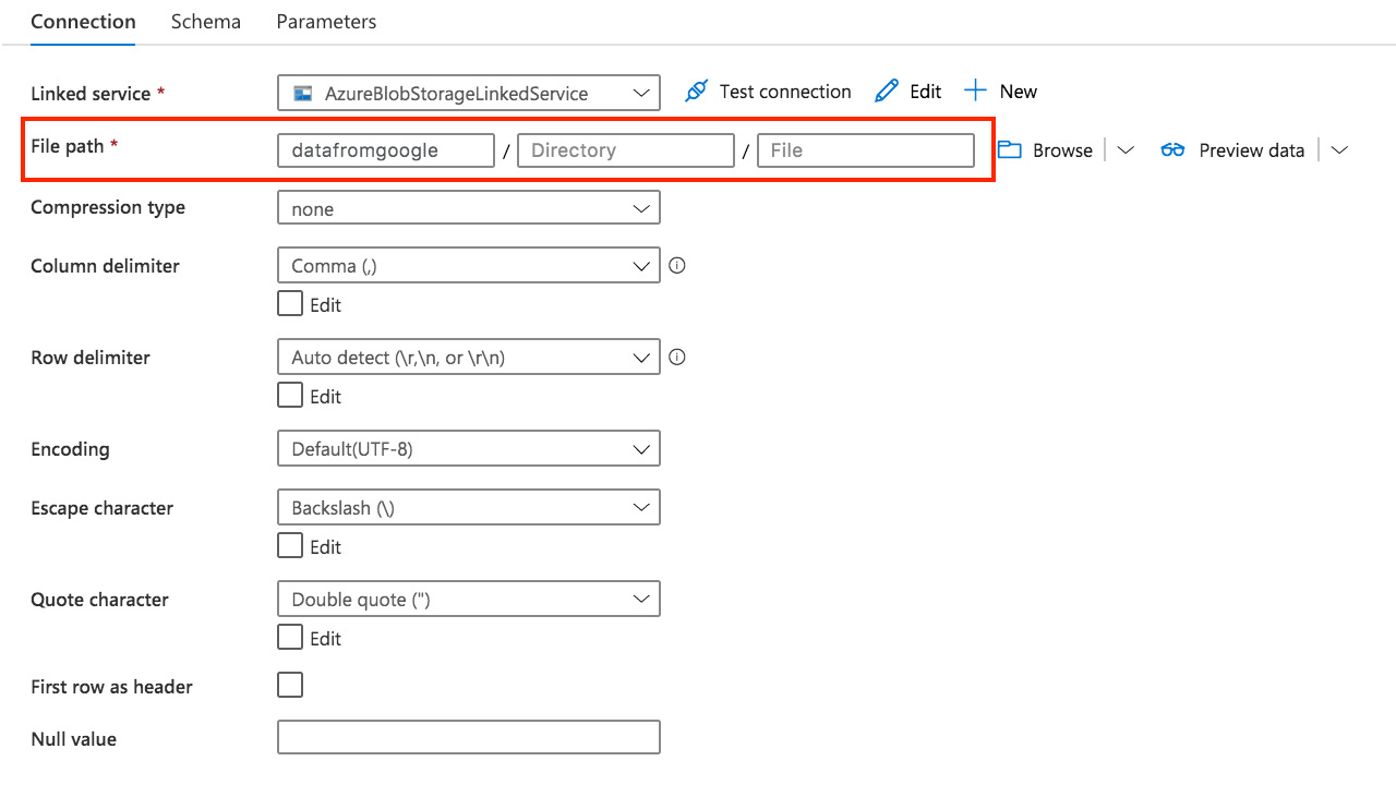 Figure 7.13 – Dataset for the Azure Storage account
