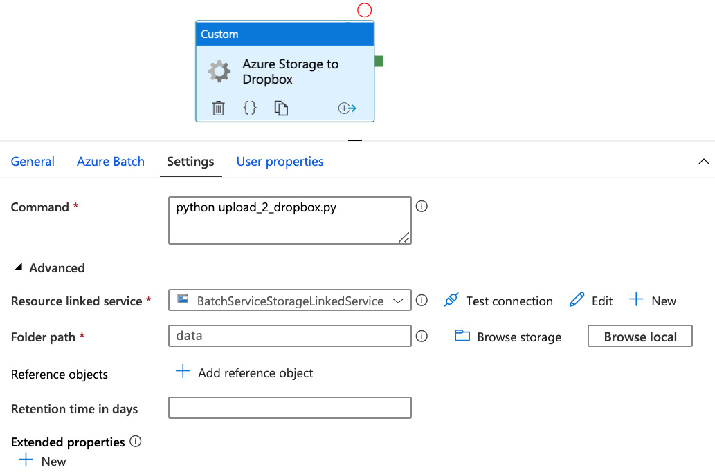 Figure 7.28 – Azure Storage to Dropbox custom activity setup
