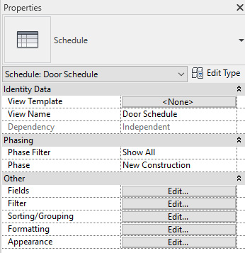 Figure 5.2 – Revit schedule editing tools
