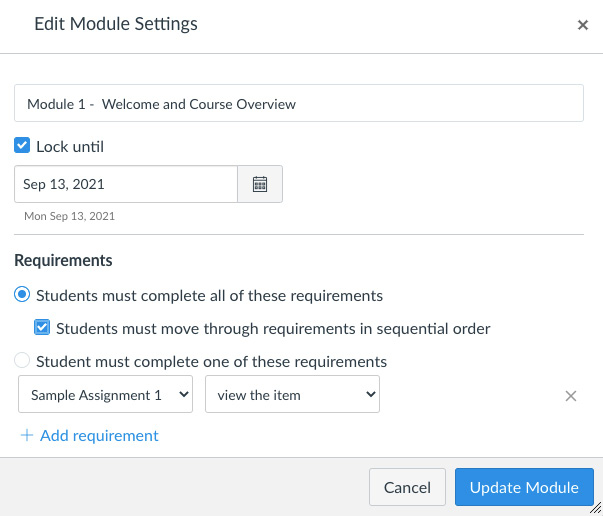 Figure 3.14 – Customize the requirements and prerequisites of a module
