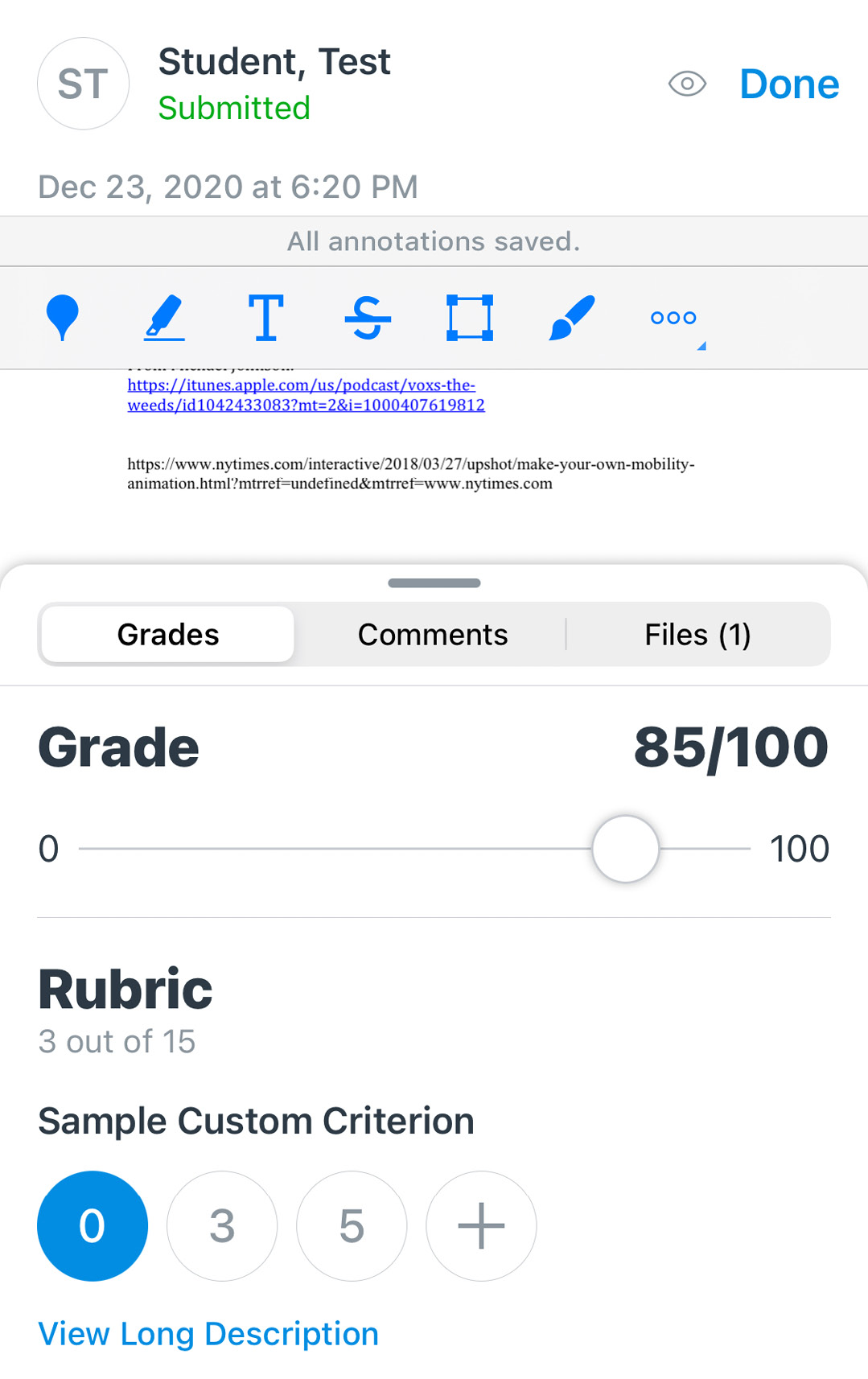 Figure 6.9 – Sample student submission with the Grades tab open
