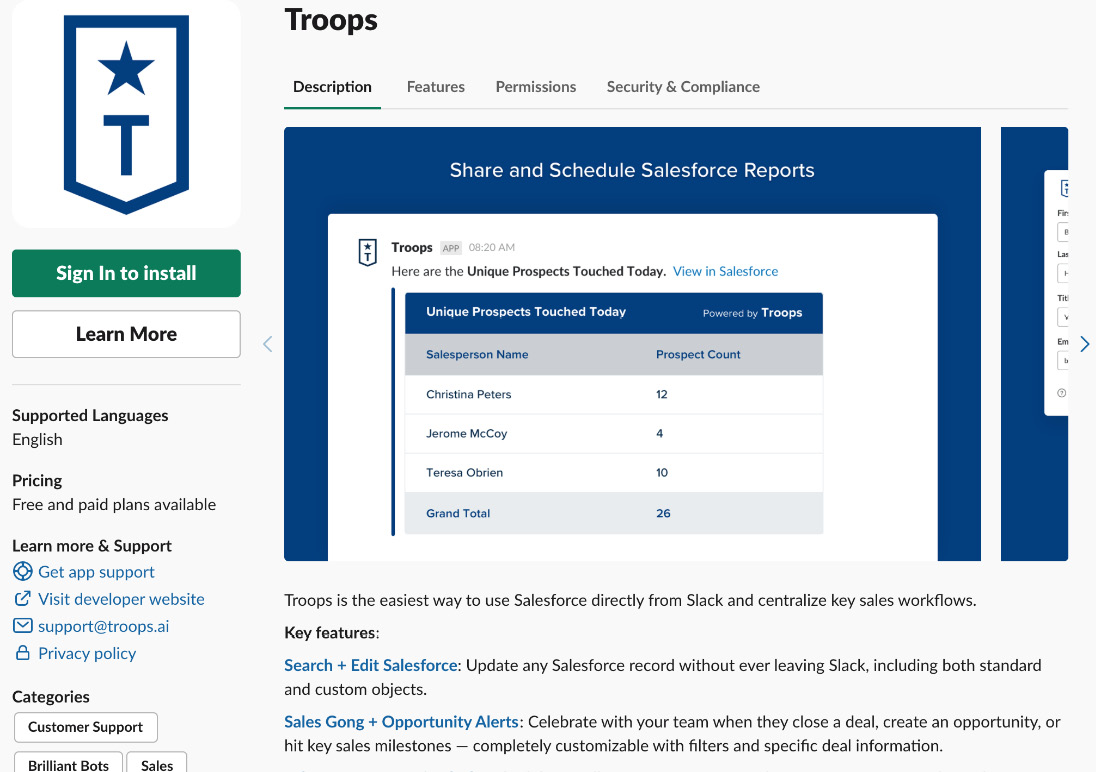 Figure 7.10 – Troops is the bridge that brings Salesforce tools into your Slack workspace
