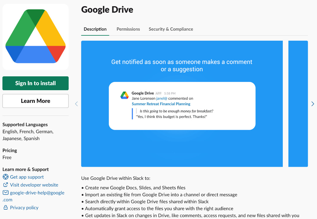 Figure 7.12 – Share Google Drive files and docs directly with your Slack channels

