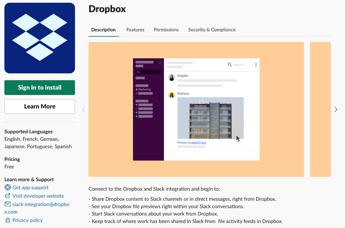 Figure 7.13 – Import and share Dropbox files with Slack team members
