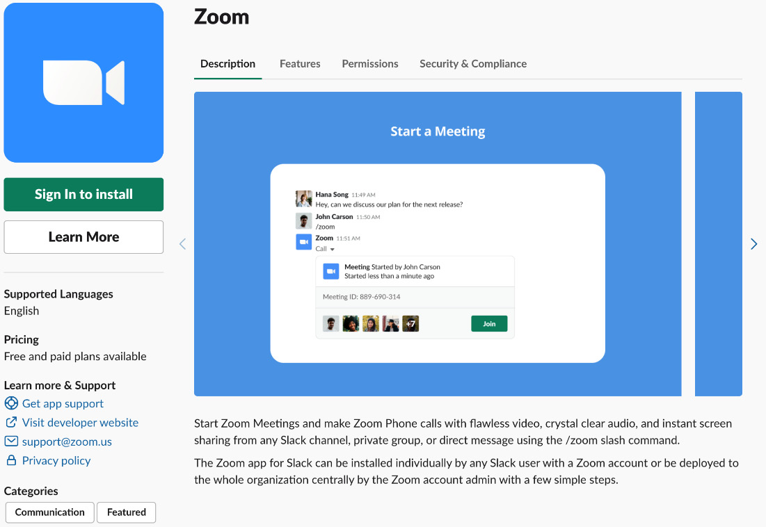 Figure 7.9 – Zoom offers instant video and audio chats through the app’s integration with Slack
