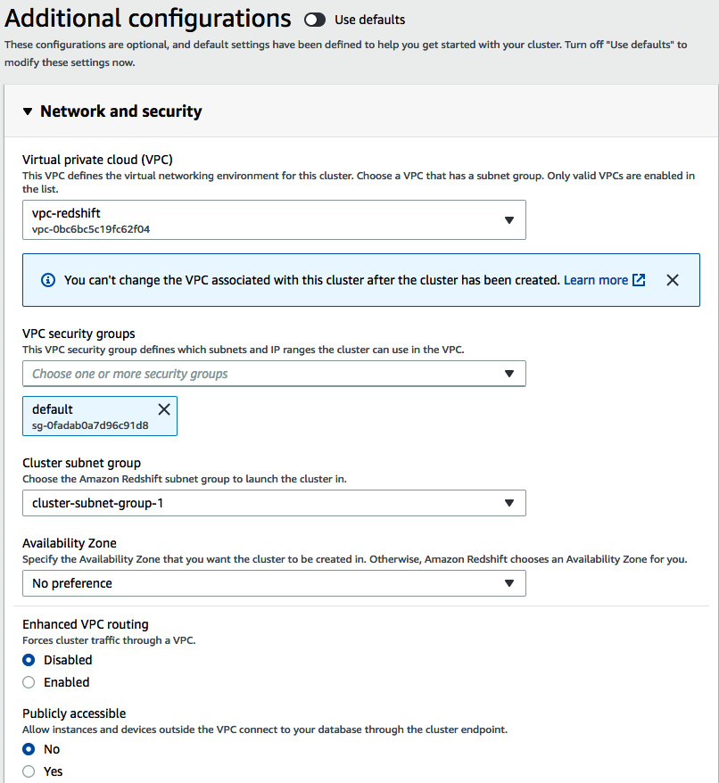 Figure 6.4 – Configuring the network and security when creating the Amazon Redshift cluster

