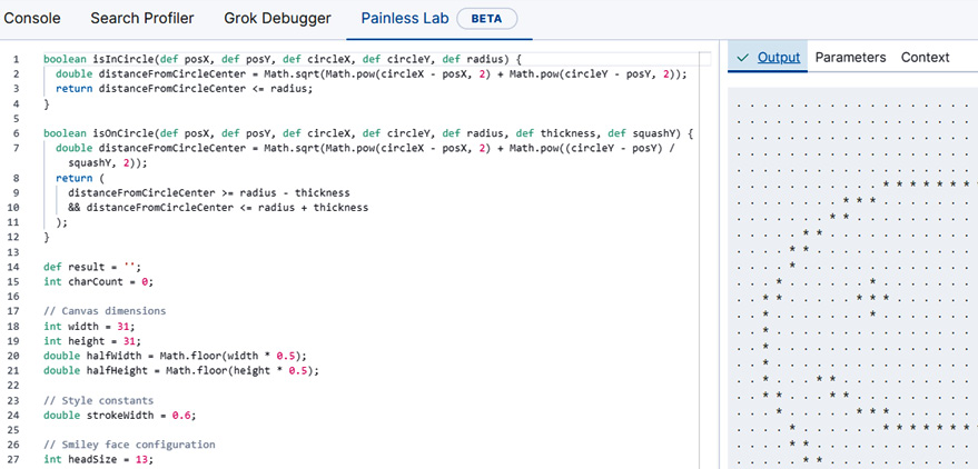 Figure 9.16 – The Painless Lab in Dev Tools features an embedded code editor. The Output window shows the evaluation result of the code in the code editor 

