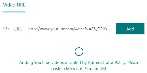 Figure 10.12 – Message while inserting a video when an admin disables the setting
