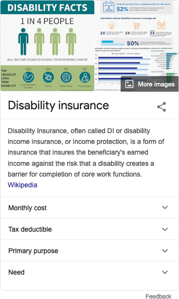 An example of a knowledge panel on disability insurance includes diagrams, a Wikipedia excerpt, and dropdowns with relevant information.