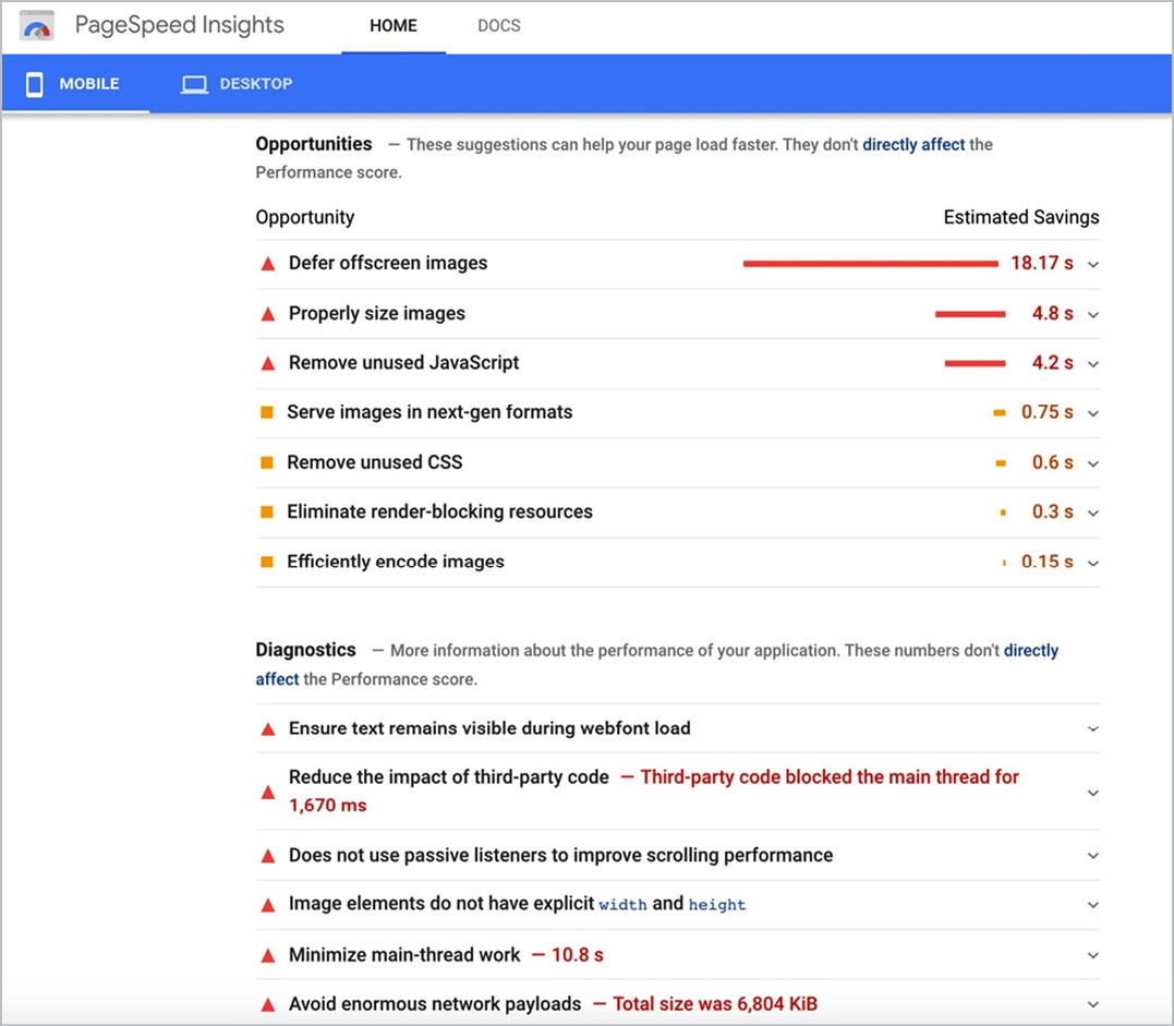 Google PageSpeed Insights interface showing a detailed list of opportunities and diagnostics for helping a site load faster and perform better.