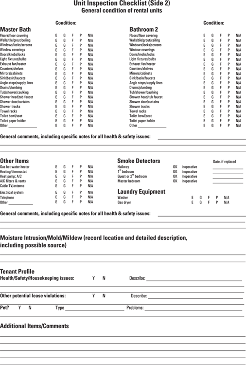 Chart presenting the same sample interior unit inspection checklist used for large multifamily apartment communities (page 2 of 2).