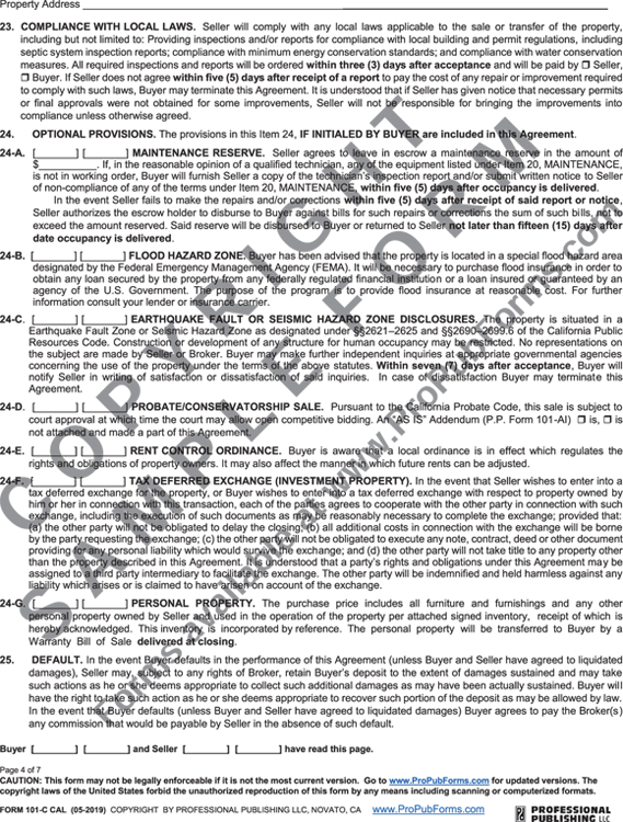 Illustration of the same commercial/investment  purchase agreement for non-residential or more than four residential units (page 4 of 7).