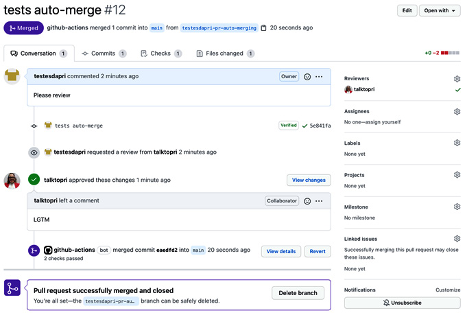 Figure 3.6 – Pull request auto-merged by GitHub Actions
