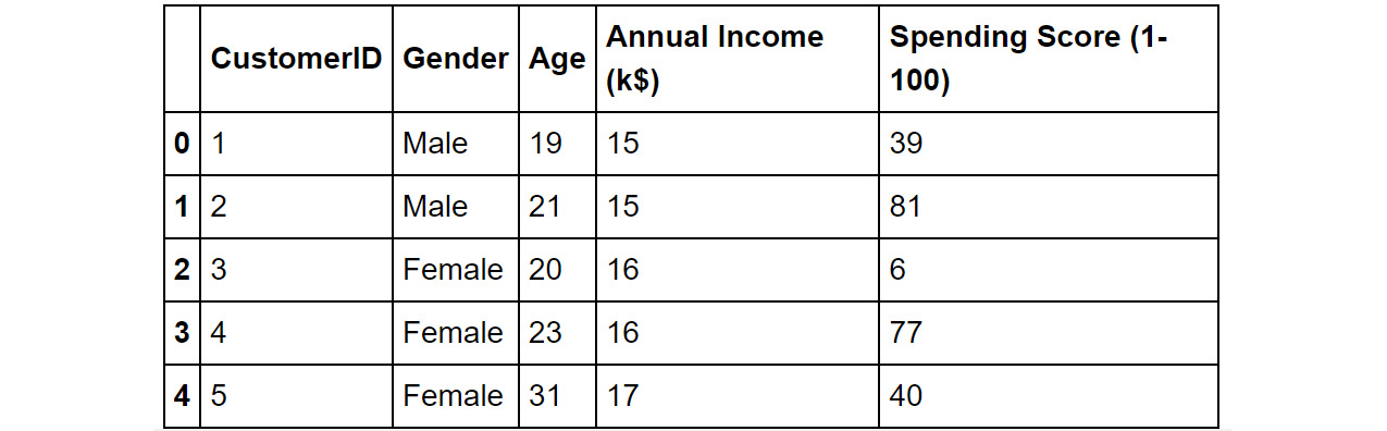 Figure 4.1: The top five records of the mall customers dataset
