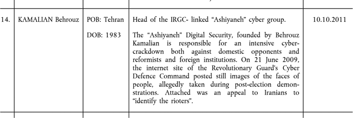 Screenshot of a document dated October 10th, 2011 describing Kamalian Behrouz as the “Head of the IRGC-linked ‘Ashiyaneh’ cyber group.”