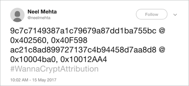 Screenshot of a tweet by Neel Mehta containing encrypted contents and hashtagged #WannaCryptAttribution
