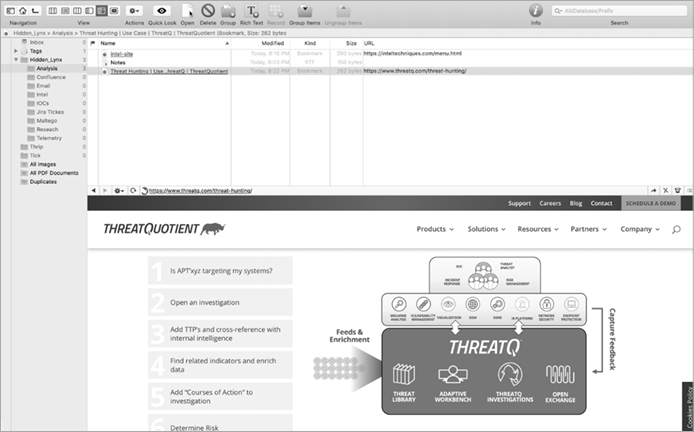 User interface that includes a directory structure and a panel labeled ThreatQuotient with the following list: 1) Is APT’xyz targeting my systems? 2) Open an investigation 3) Add TTP’s and cross-reference with internal intelligence 4) Find related indicators and enrich data 5) Add “Courses of Action” to investigation and 6) Determine Risk