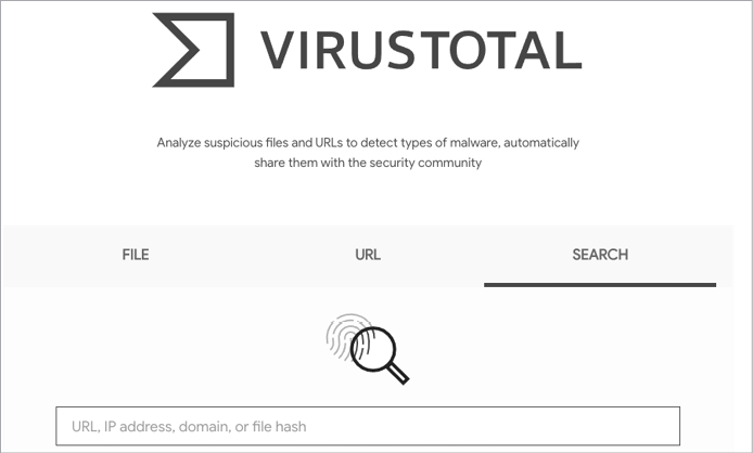 Screenshot of VirusTotal web page showing a search field labeled “URL, IP address, domain, or file hash”