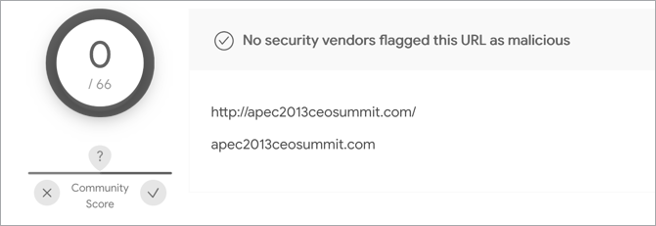 Screenshot from VirusTotal showing the score 0/66 and the message “No security vendors flagged this URL as malicious”