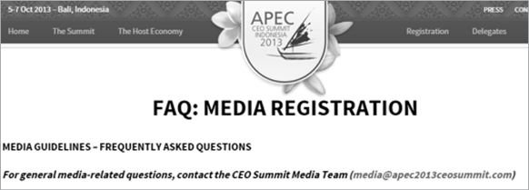 Web page titled “FAQ: Media Registration” containing the text “MEDIA GUIDELINES-FREQUENTLY ASKED QUESTIONS: For general media-related questions, contact the CEO Summit Media Team (media@apec2013ceosummit.com)”