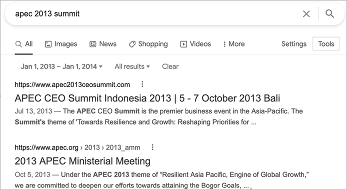 Google search page with the search query “APEC 2013 summit” and the results “APEC CEO Summit Indonesia 2013 | 5 -7 October 2013 Bali” and “2013 APEC Ministerial Meeting”