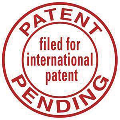 A stamp. The outer circle of the stamp reads, 'Patent Pending' The inner circle of the stamp reads, 'filed for international patent.'