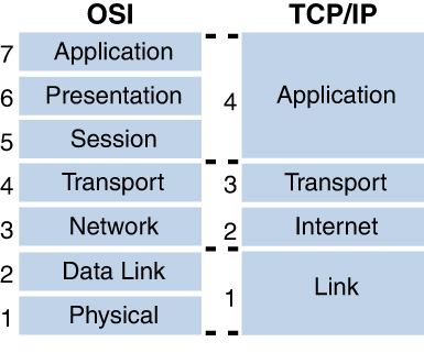 An illustration of an OSI Model and TCP IP models.