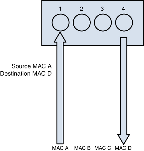 An illustration of transparent bridging. It has four switches from 1 through 4. Each has four MAC A, B, C, and D. Source is MAC A and destination is MAC D.