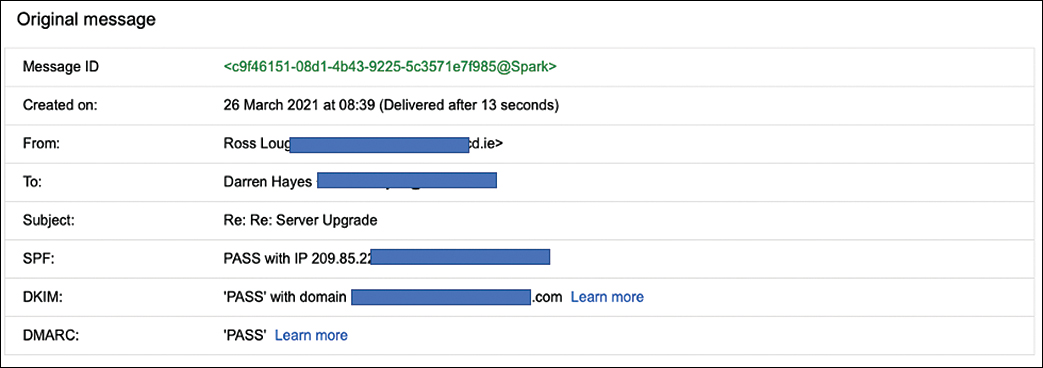 A screenshot of the header of an original email. The given fields are message I D, created on, from, to, subject, S P F, D K I M, and D M A R C.