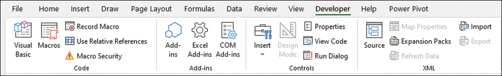 Once enabled, the Developer tab offers tools for macro recording.