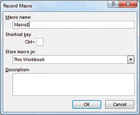 The Record Macro dialog box has fields for designating a macro name, shortcut key, where to store macros, and a description.