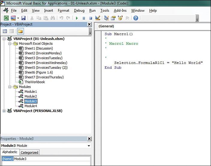 This figure shows the VBA Editor with three panes open. Top left is the Project Explorer. Bottom left is the Properties window. Right side is the code pane. 