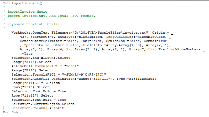 This figure shows the recorded example macro.