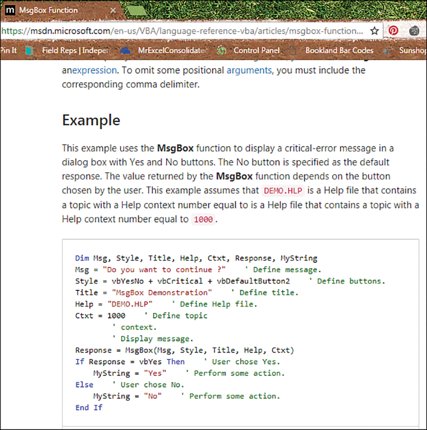 An online Help topic for MsgBox includes a code sample that you can copy and paste to your project.