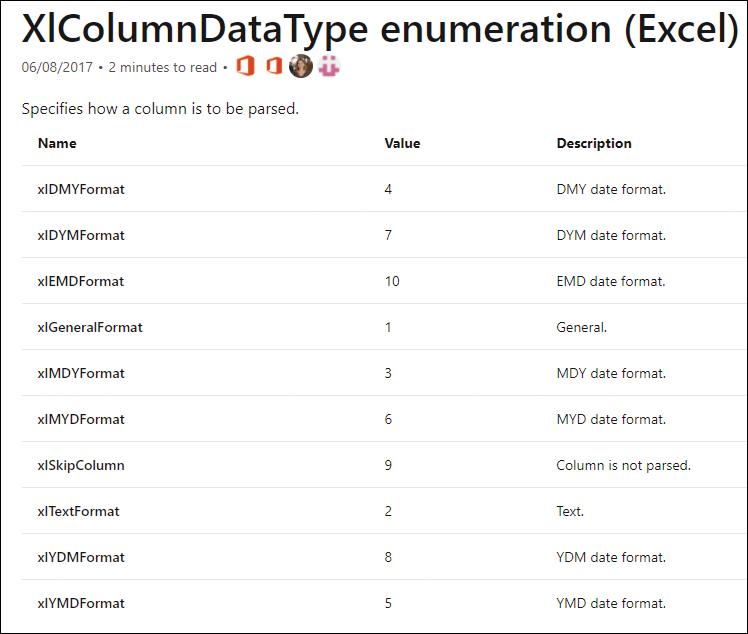 This figure shows a list of the xlColumnDataType values. Some common values are xlTextFormat, xlGeneralFormat, xlMDYFormat, and xlSkipColumn.