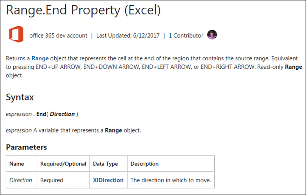 In the Help topic for Range.End, the single parameter is Direction. The Data Type is listed as XlDirection, and XlDirection is a hyperlink. Click the hyperlink to get the four possible directions: xlDown, xlUp, xlToRight, xlToLeft.