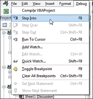 This figure shows the VBA Editor's Debug menu. The mouse cursor is highlighting Step Into.