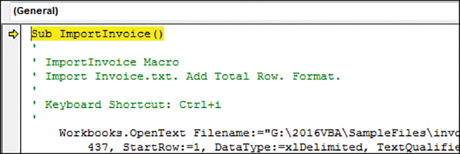 A yellow arrow appears in the margin to the left of Sub ImportInvoice(). The yellow arrow points to the line that will be executed next.