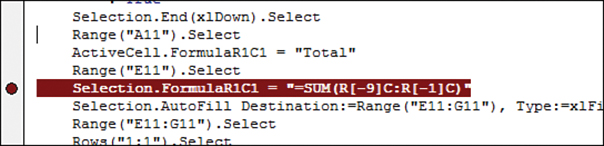 A large round dot appears in the margin to the left of Selection.FormulaR1C1. The entire line of code is in white font on a dark background. This line is a breakpoint.