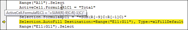 Hover over ActiveCell.FormulaR1C1 and a ToolTip appears with ActiveCell.FormulaR1C1 = “=SUM(R[-9]C:R[-1]C”.