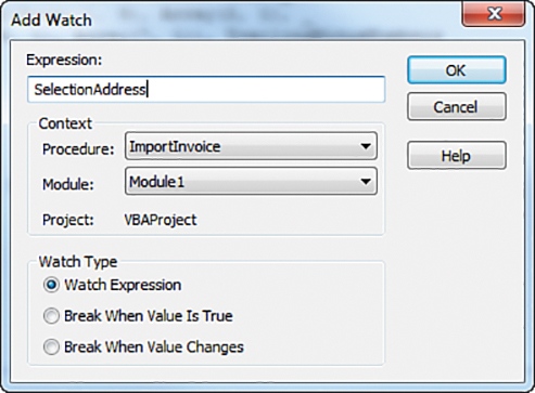 The Add Watch dialog box for the expression of Selection.Address. Three radio buttons at the bottom offer a choice of Watch Expression or Break When Value Is True or Break When Value Changes.