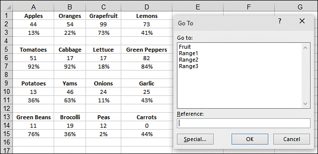 In the image, the Go To dialog box is open next to some data. There is a button labeled Special in the lower-left corner of the dialog box.