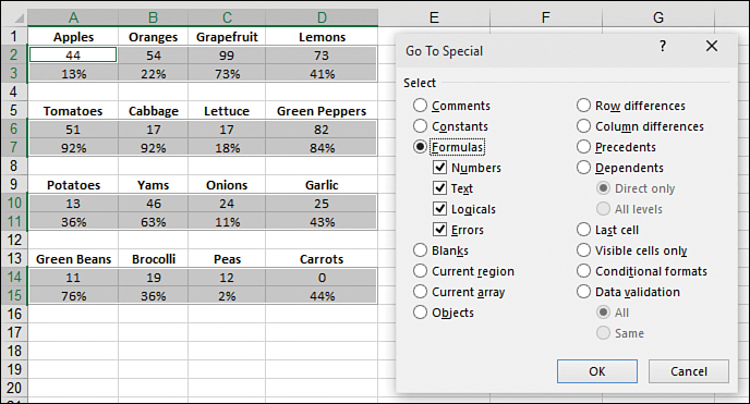 The Go To Special dialog box is open with the Formulas option selected. The numerical values on the sheet are selected, whereas the produce labels are not.