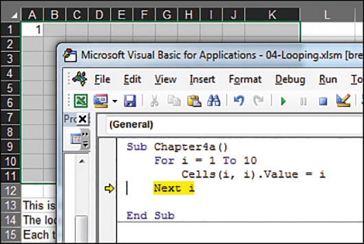 This image shows a For-Next loop in debug mode. The first iteration through the loop has happened and the number 1 is written to cell A1.