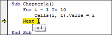 Still in debug mode, this image shows the value of i when the Next i line of code is about to be run. The tooltip shows that i is equal to 1.