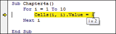 After pressing F8 again, the macro moves back to the first line of code in the loop. The tooltip is showing that i has now incremented to 2. When this line of code writes the value of i to Cells(i, i), you should see a 2 appear in cell B2.