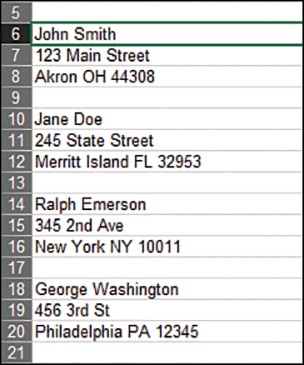 This image shows names and addresses of four people. Rather than having each name in a row, the data has a name in A6; the street address in A7; the city, state, and ZIP code in A8; a blank in A9; and then the next name in A10. Data continues with more names and addresses going down column A.