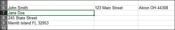 The name, street address, and city that were previously in A6:A8 have now been transposed to A6:C6. The cell pointer is on the next name, which has now moved from A10 to A7.