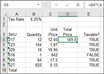 The figure shows a formula of =B4*C4 entered in cell D4. It is multiplying quantity times unit price.