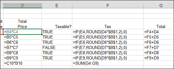 In the figure, the original formula in D4 has been copied down the column. With Excel in Show Formulas mode, you can see that the formula is rewritten in each cell. The B4 changes to B5, then B6, and so on. Also in this image are some formulas to calculate Sales Tax in column F. These formulas contain an absolute reference to $B$1. As those formulas are copied down the column, the $B$1 portion of the formula does not change.